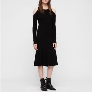 Allsaints Yasmin Black Fitted Rib Knit Open Shoulder Midi Dress 8 Large
